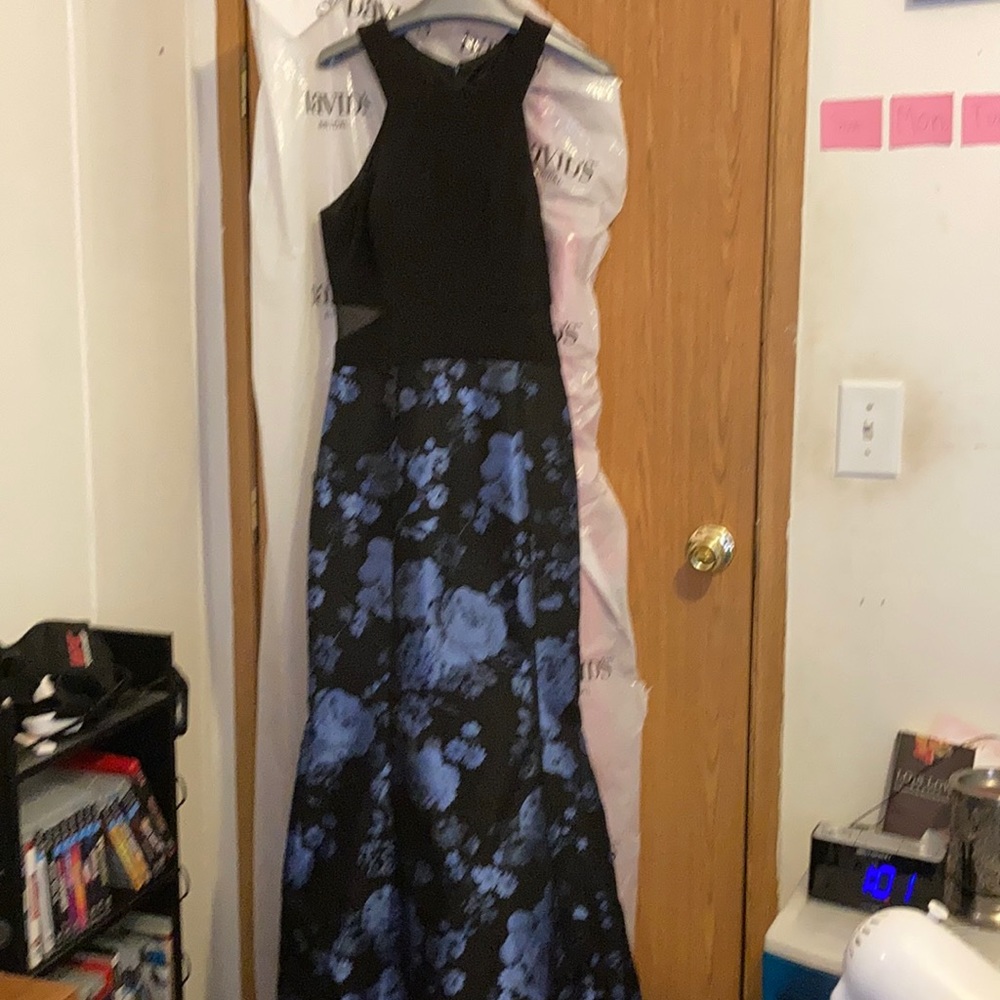 Blue and black flowered prom dress.